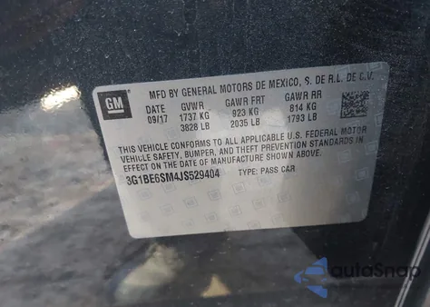 2018 Chevrolet Cruze Lt Auto z USA, uszkodzony, nr VIN 3G1BE6SM4JS529404